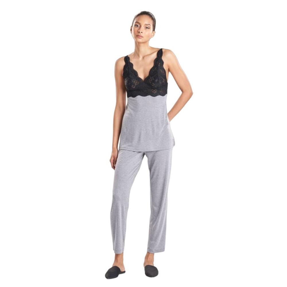 Natori Women's Obsession Pajama Set Pants Lace Cami Adjustable in Black & Gray